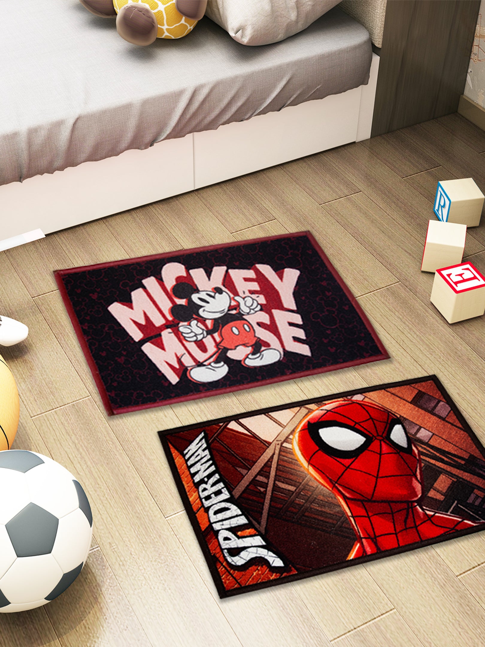 Athom Living Spiderman & Mickey Mouse kids nylon doormat combo, colorful 37x57 cm with latex anti-skid backing, durable and premium quality.