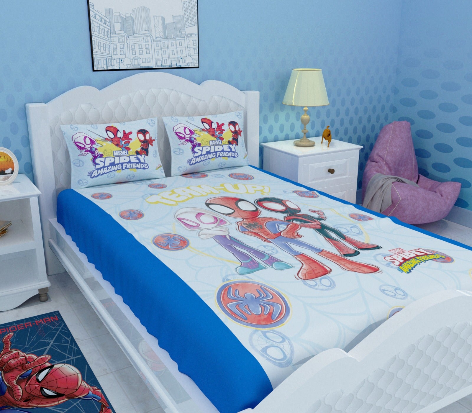 Athom Living Spiderman Team Up kids bedsheet set with 2 pillow cover showcasing action-packed superhero prints, soft cotton feel, and a stylish double bedsheet that brightens any child’s room with comfort.