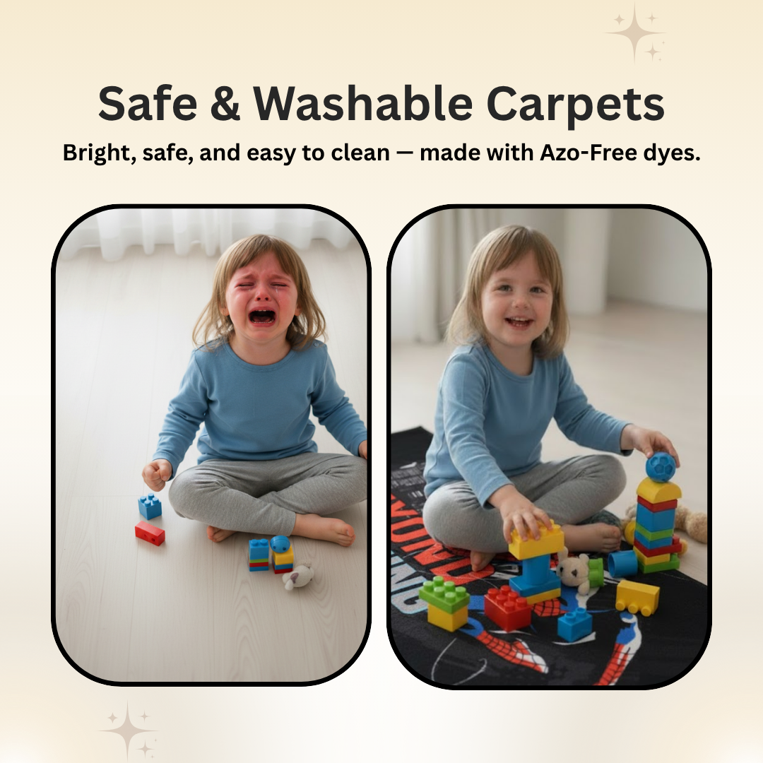 Athom Living Spiderman themed runner carpet featuring dynamic Marvel graphics, ideal for enhancing kids’ bedroom décor, soft, durable and stylish runner carpet for daily use and easy maintenance.