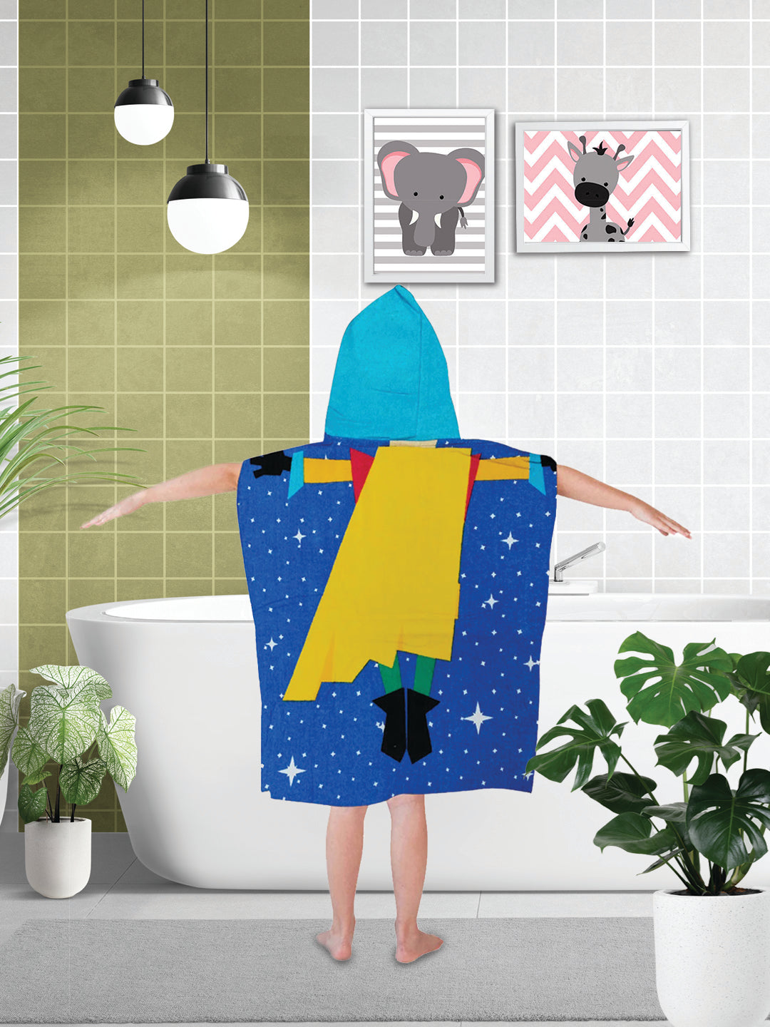 Athom Living Super Hero Kids Hooded Bath Towel Poncho 60x120 cm crafted with soft absorbent fabric, offering cozy coverage and colorful design perfect for Kids Hooded Poncho Towels used after swimming or bathing.