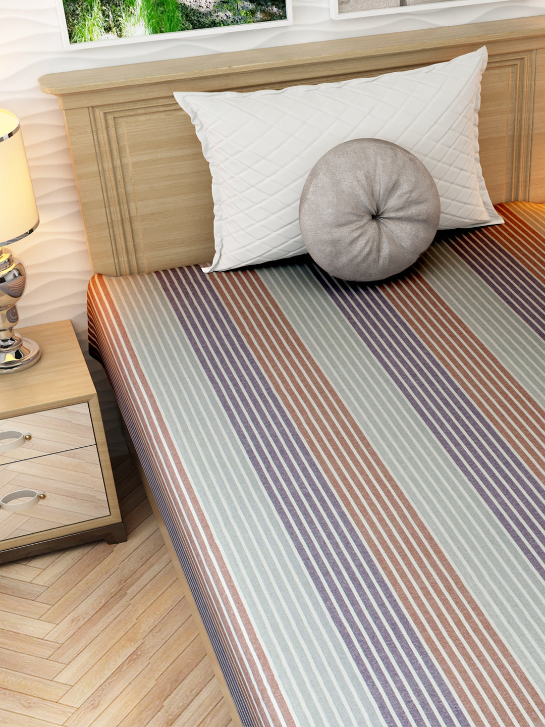 Athom Living chaddar featuring summer stripes in purple and brown, crafted from soft cotton, ideal for single beds and providing a cozy, stylish look all year round.