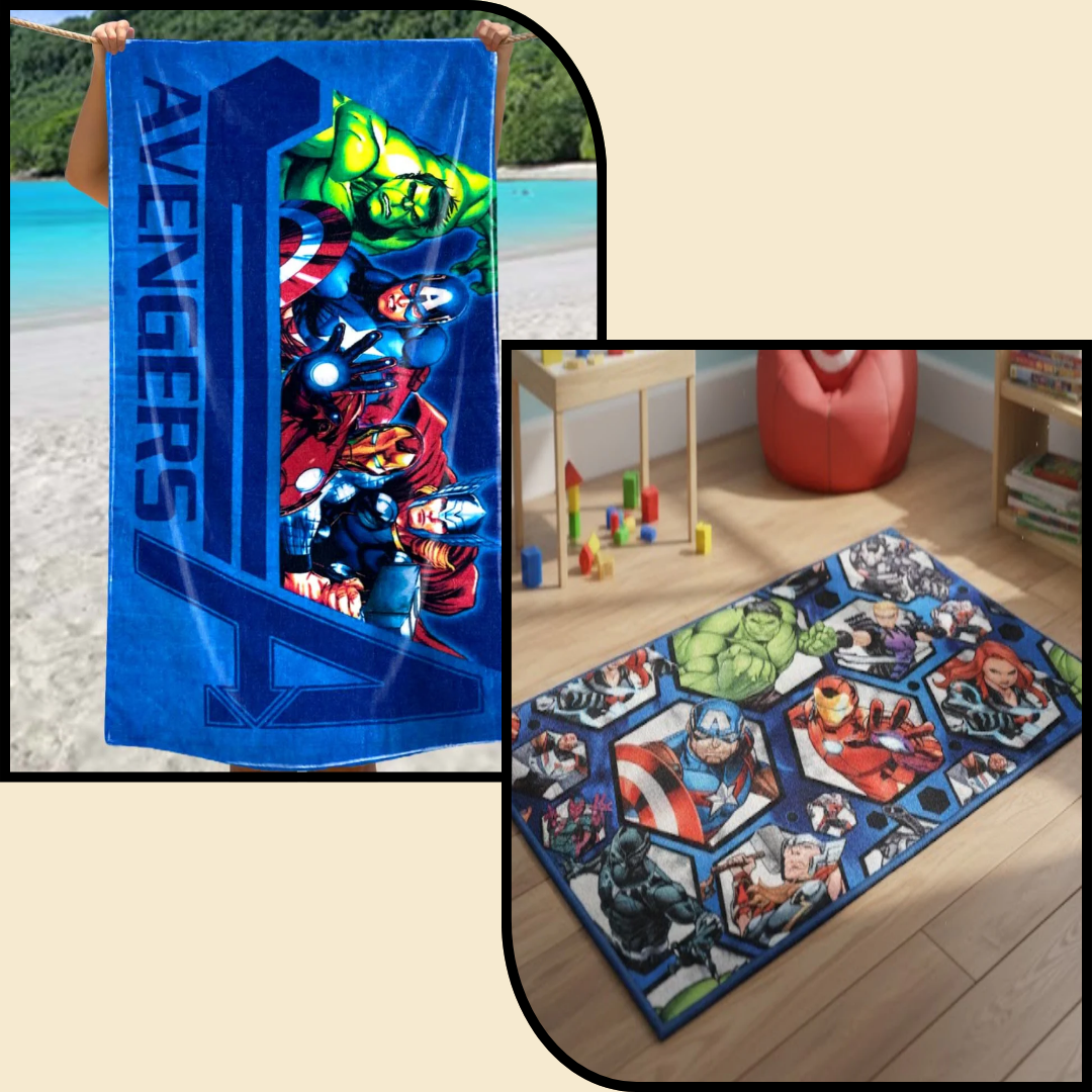 Athom Living combo pack of 2 Marvel Avengers and Hulk kids bath towel & carpet featuring soft absorbent fabric and colorful superhero designs, perfect for bath time comfort and playful bedroom décor for kids.