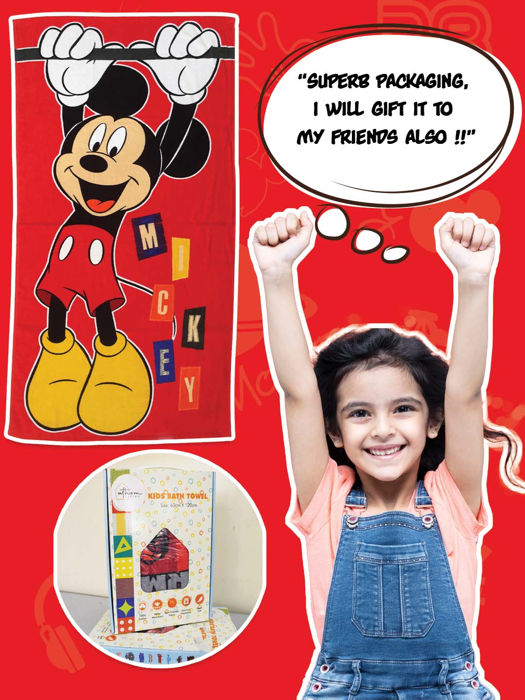 Athom Living cotton bath towel for kids – Disney Mickey Mouse red design, 350 GSM, 60x120 cm, soft, skin-friendly, and quick-dry.