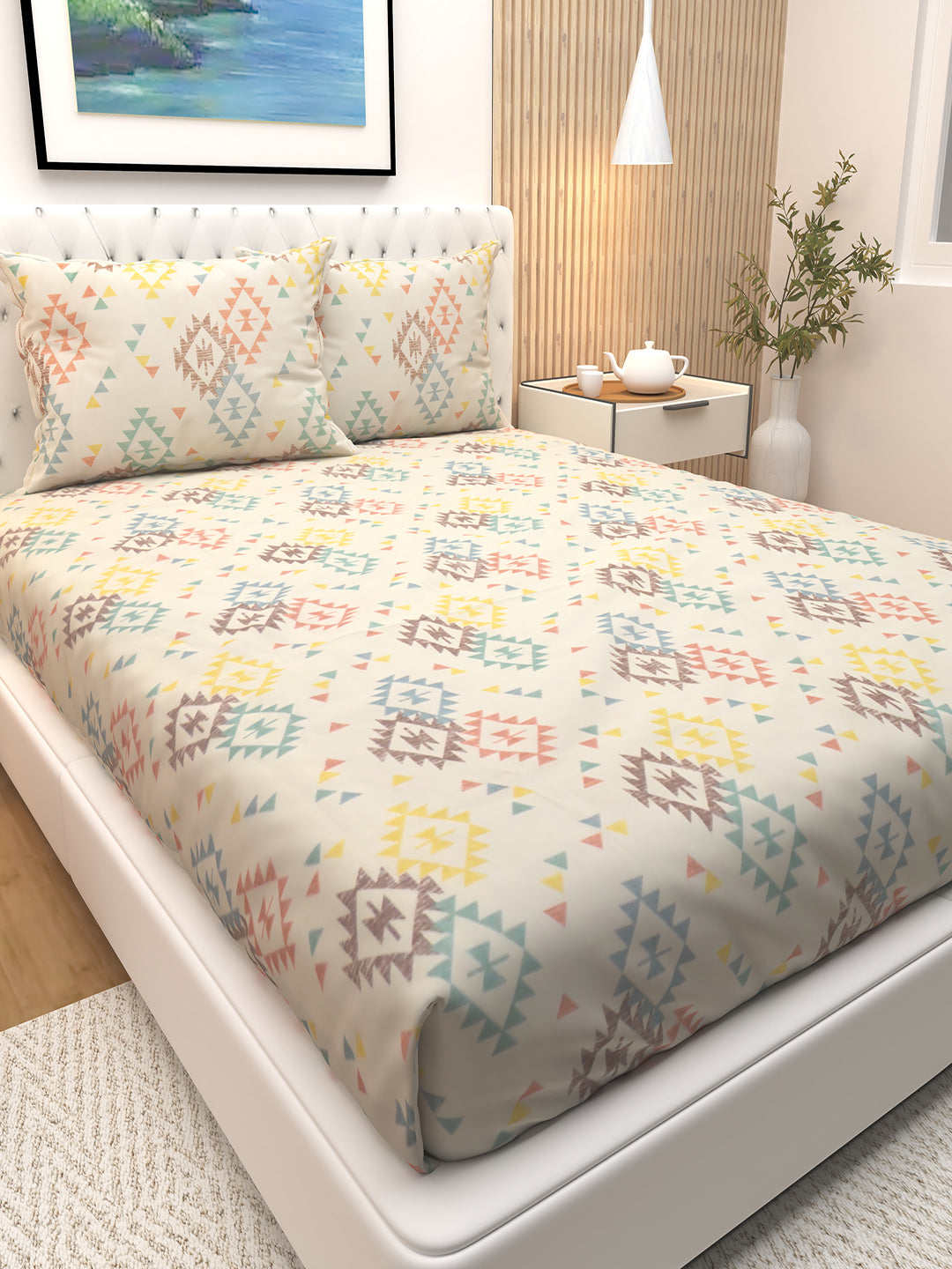 Athom Living dreamy cream triangle print double bedsheet with two pillows, crafted for comfort and durability. This premium bedsheet enhances bedroom style with its soft texture and elegant geometric design.