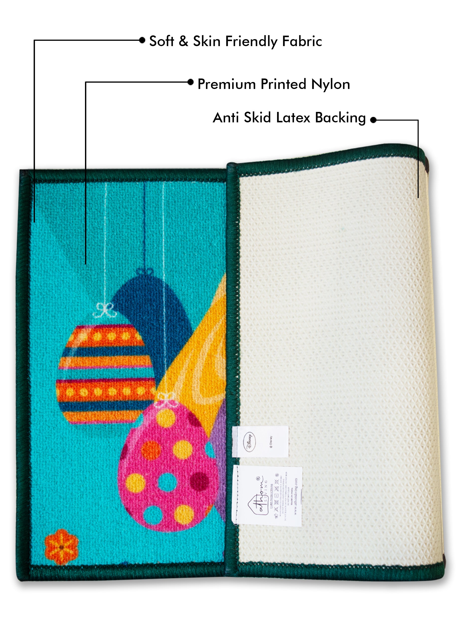 Athom Living kids premium doormat set, featuring Disney Mickey Mouse and Princess print, multicolor nylon, anti-skid latex backing, 37x57 cm, pack of 2.
