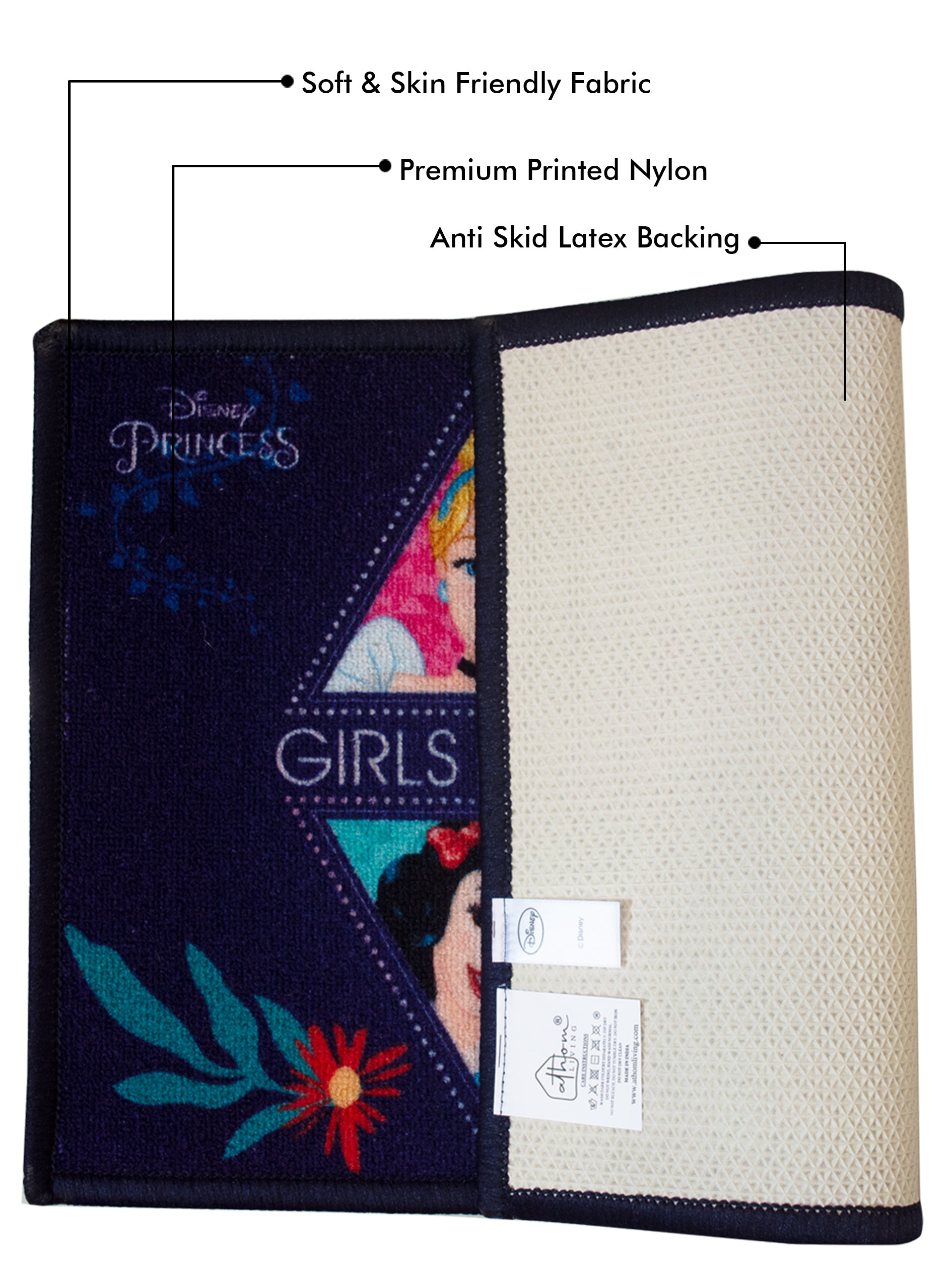 Athom Living licensed Disney Princess kids doormat, multicolor premium nylon, anti-skid latex backing, pack of 2 durable mats with stylish printed design.
