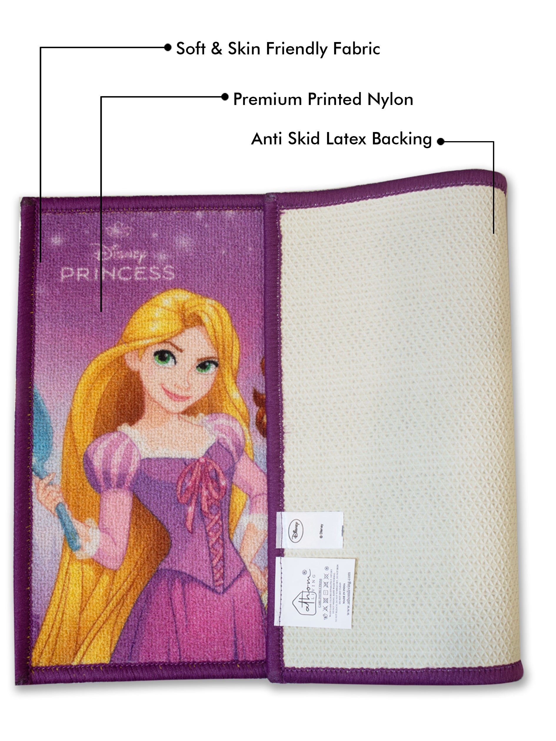 Athom Living multicolor Disney Princess character doormat, soft nylon fabric with anti-skid latex, pack of 2, perfect for kids’ rooms.
