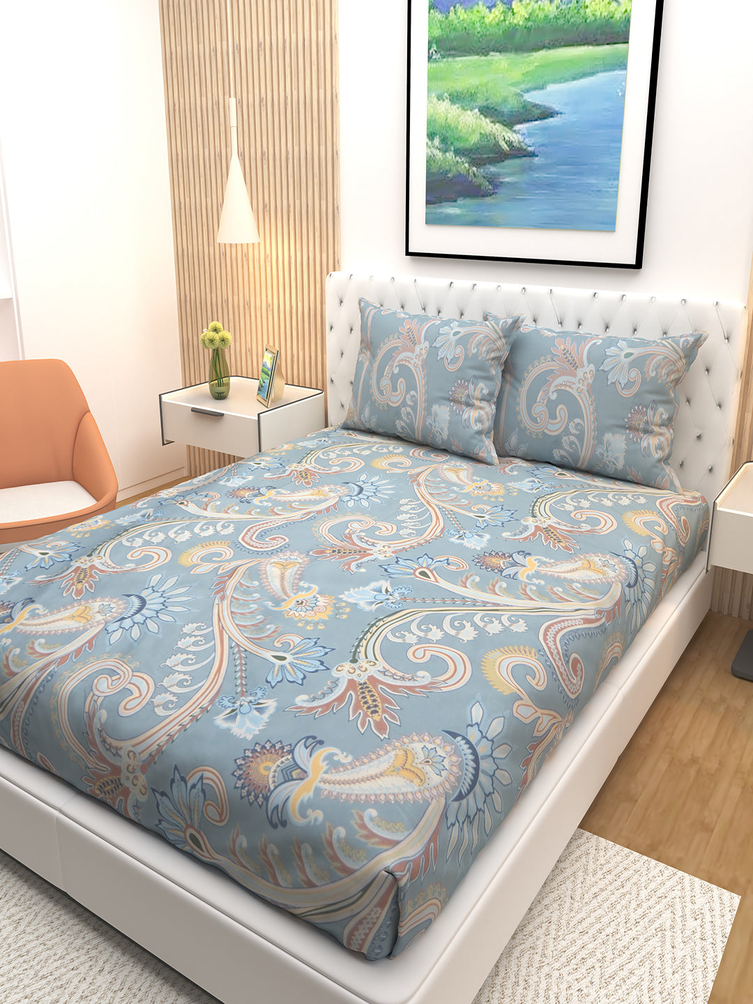 Athom Living premium blue floral double bedsheet with two pillows, featuring detailed artwork and smooth texture. This stylish bedsheet brings a fresh, modern touch to any bedroom interior design.