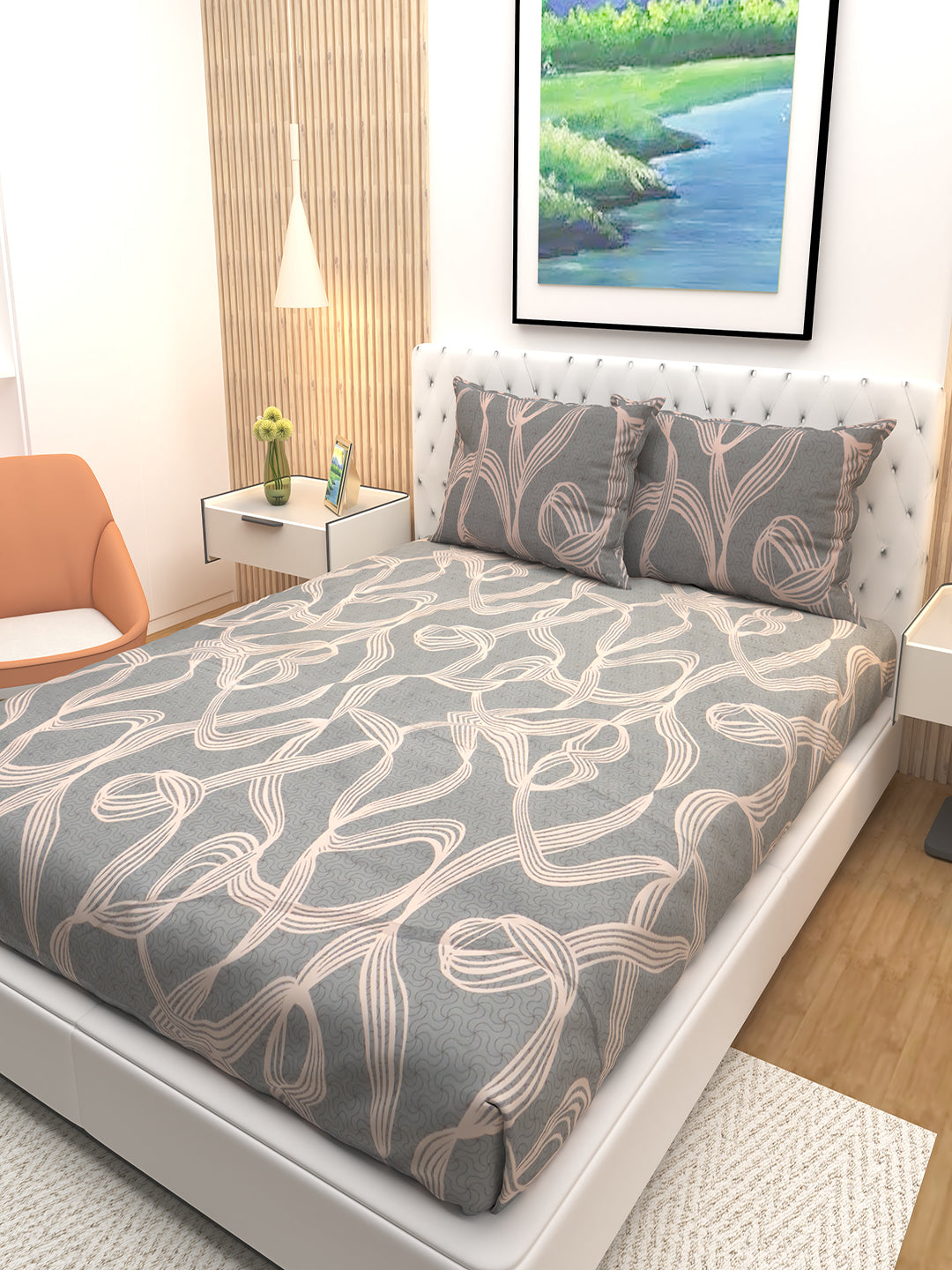 Athom Living premium botanical cream and grey striped double bedsheet set with two pillows, offering soft texture and modern elegance, ideal for elevating your bedroom décor with a durable, high-quality bedsheet.