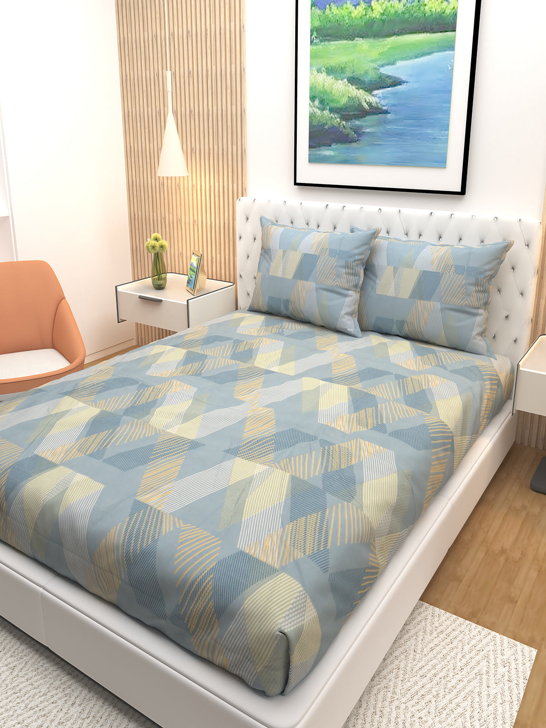 Athom Living premium cheques blue stripes bedsheet set with two pillows arranged on a double bed, highlighting smooth fabric, vibrant print, and a cozy feel ideal for modern home interior styling.