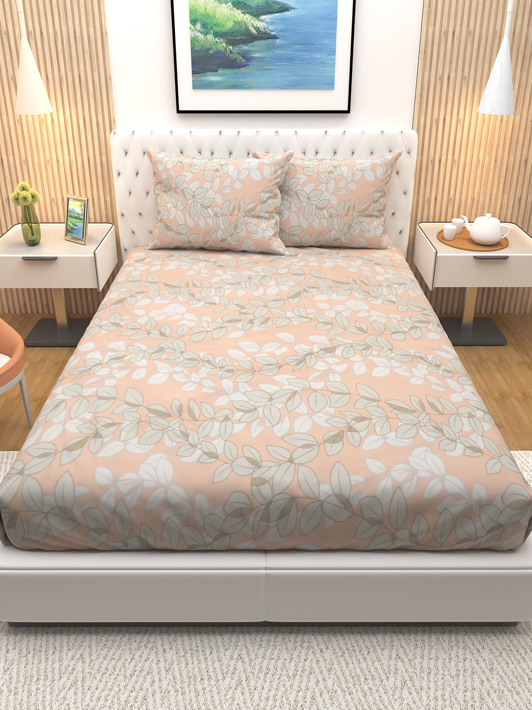 Athom Living premium double bedsheet in pink and grey leaf pattern with two pillows, designed for comfort and elegance, making this bedsheet a perfect choice for modern home interior styling.