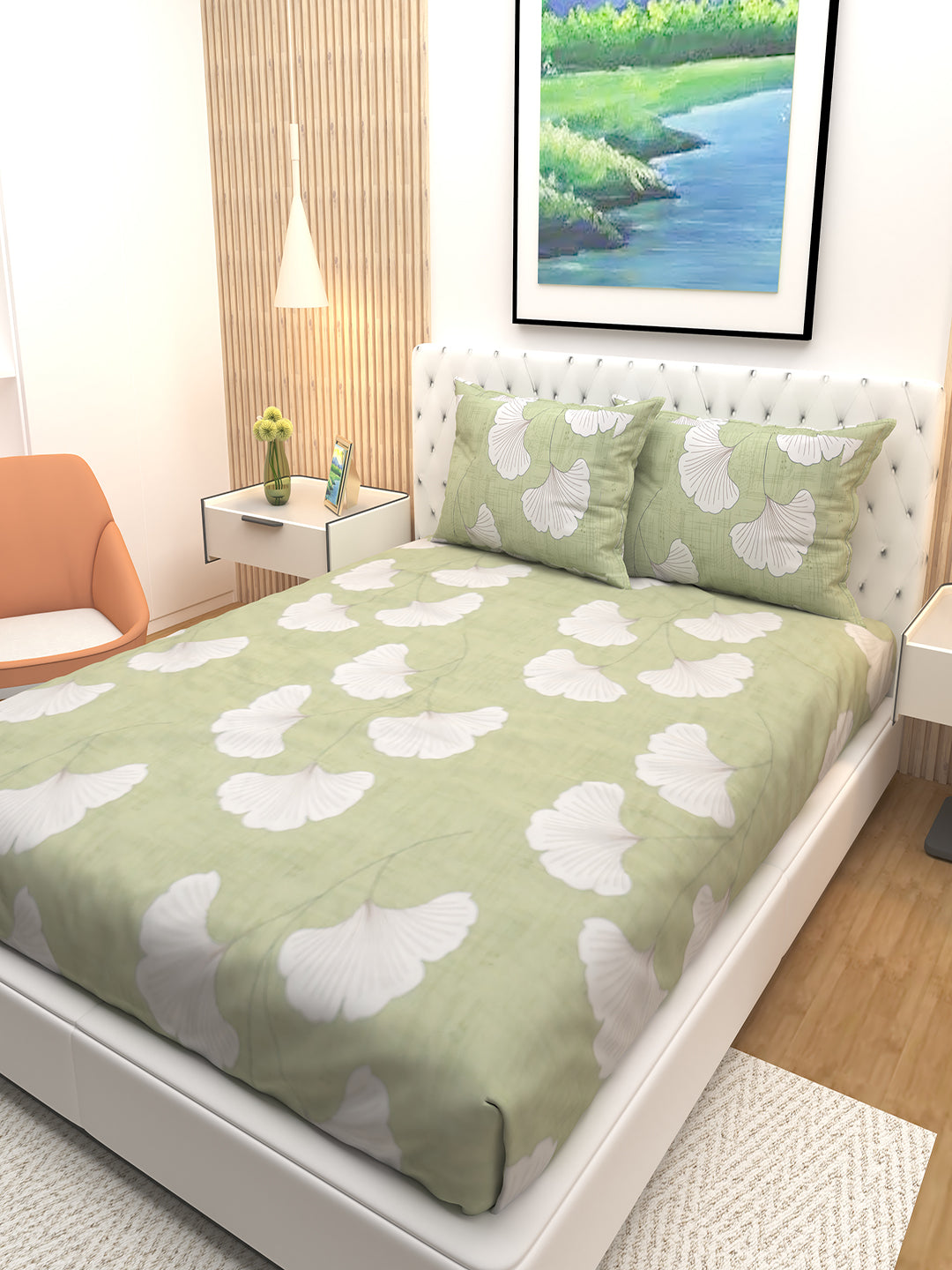 Athom Living premium green maple leaves cotton double bedsheet set with 2 pillow covers, designed for comfort, elegance, and a refreshing bedroom look.