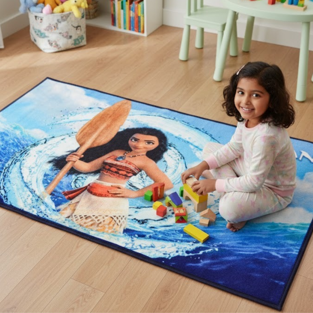 Athom Living presents a stunning Moana themed carpet for kids, sized 90x150cm. This durable and cheerful carpet adds fun, comfort, and vibrant colors to any child’s room.