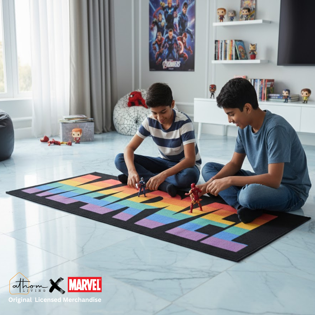 Athom Living’s Marvel themed runner carpet in 60x140 cm, designed with bright superhero graphics, providing comfort, style, and a fun walking experience for kids and adults alike.