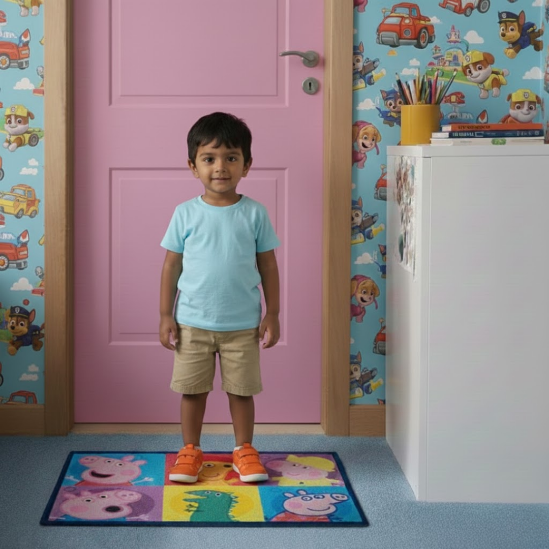 Athom Living’s Peppa's Adventures anti skid carpet & doormat combo keeps children safe while enhancing room decor with colorful, fun, and high-quality durable materials.