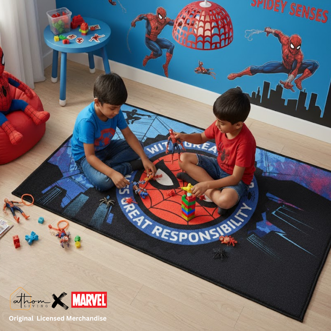 Athom Living’s Spiderman themed carpet for kids features a bright superhero design, 90x150cm, soft and durable, making it an ideal addition to bedrooms or play areas for endless fun.