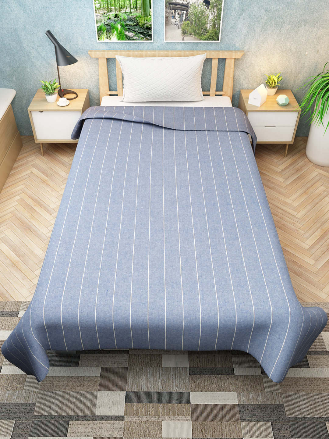 Athom Living summer stripes cotton chaddar in soft sky blue, designed for all-season comfort. This lightweight bedsheet adds a fresh, elegant look to your bedroom décor with breathable and durable fabric.
