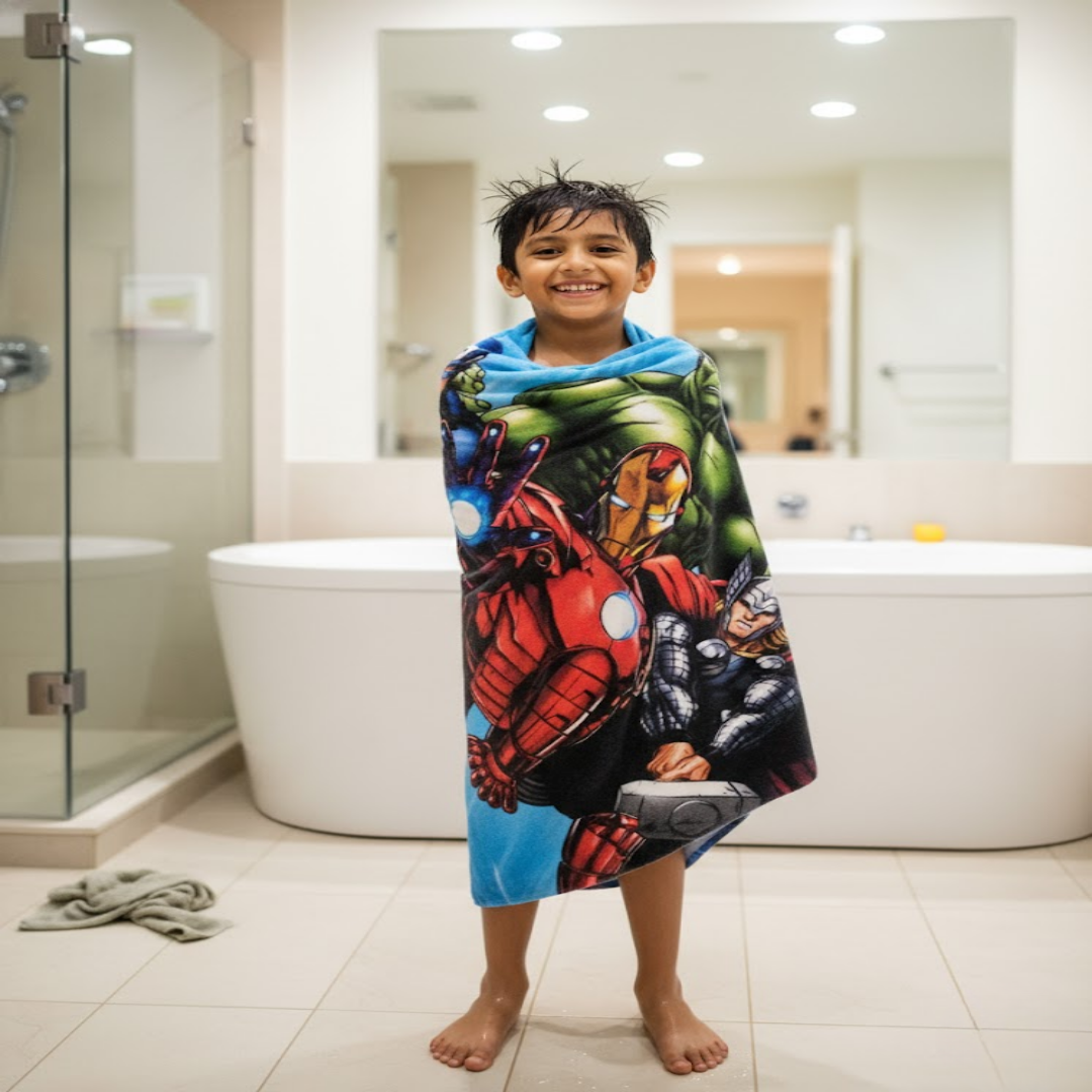 Avengers themed Athom Living Combo Pack of 2 with Kids Bath Towel and Kids Carpet designed for comfort and fun. This colorful bath towel & carpet combo adds style, safety, and softness to daily use.