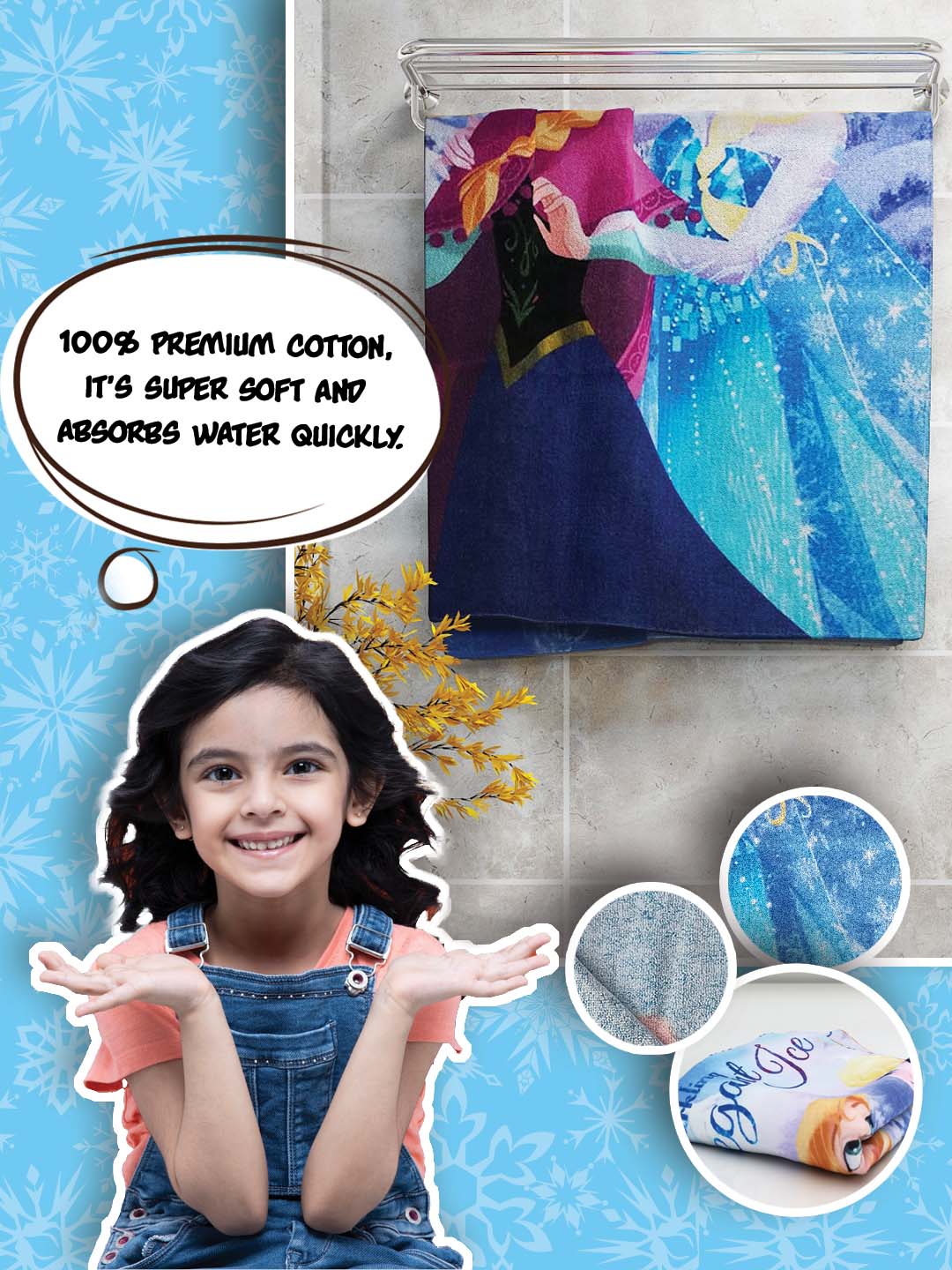 Beautiful Disney Elegant Ice Frozen themed kids cotton bath towel crafted with 350 GSM material in 60x120 cm size, providing excellent absorbency, gentle feel, long-lasting quality, and vibrant character bath towel style.