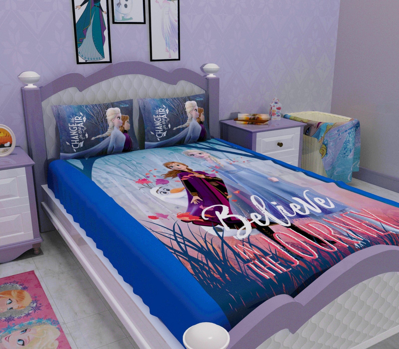 Beautiful Frozen Believe in Journey cotton kids bedsheet set with 2 pillow cover featuring Elsa and magical snowy details, crafted for double beds to bring comfort, color, and a fun Disney-inspired vibe to kids’ bedrooms.