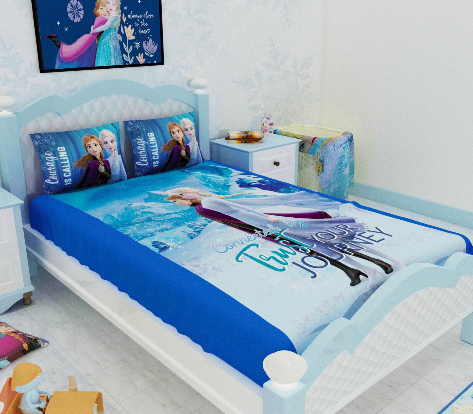 Beautiful Frozen themed kids bedsheet set with 2 pillow cover showcasing Anna and Elsa on a premium cotton double bedsheet, ideal for adding charm, comfort, and playful elegance to children’s bedroom décor.