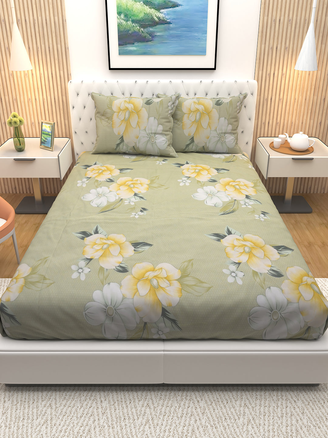 Beautiful Glory Green Maple Flower Print bedsheet with two matching pillows by Athom Living, designed for a stylish bedroom upgrade with soft fabric, vibrant colors, and premium comfort.