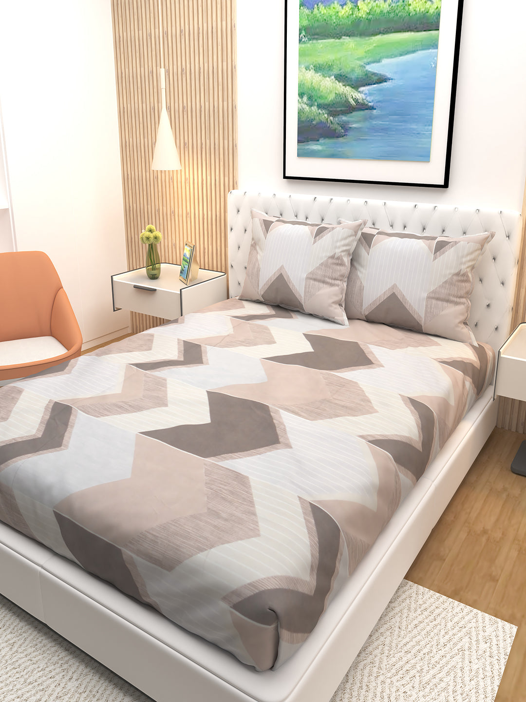 Beautiful Premium Bloom double bedsheet by Athom Living showcasing brown arrow stripes with two pillows included, providing a premium-quality bedsheet for stylish and comfortable bedroom settings.