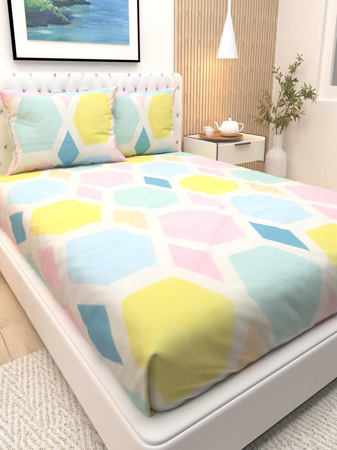 Beautiful marigold hexagonal double bedsheet set with two pillows by Athom Living, featuring elegant patterns and smooth fabric, perfect bedsheet choice for refreshing and elevating your bedroom look.