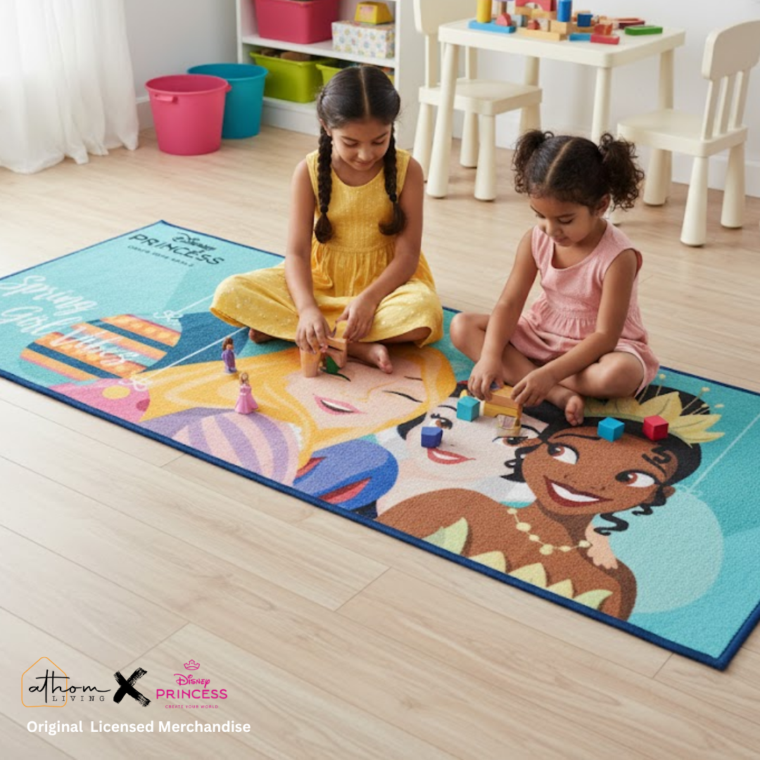 Beautifully crafted Disney Princess themed kids runner carpet by Athom Living, featuring beloved characters to enhance kids’ bedroom decor with comfort, vibrant colors and premium quality.