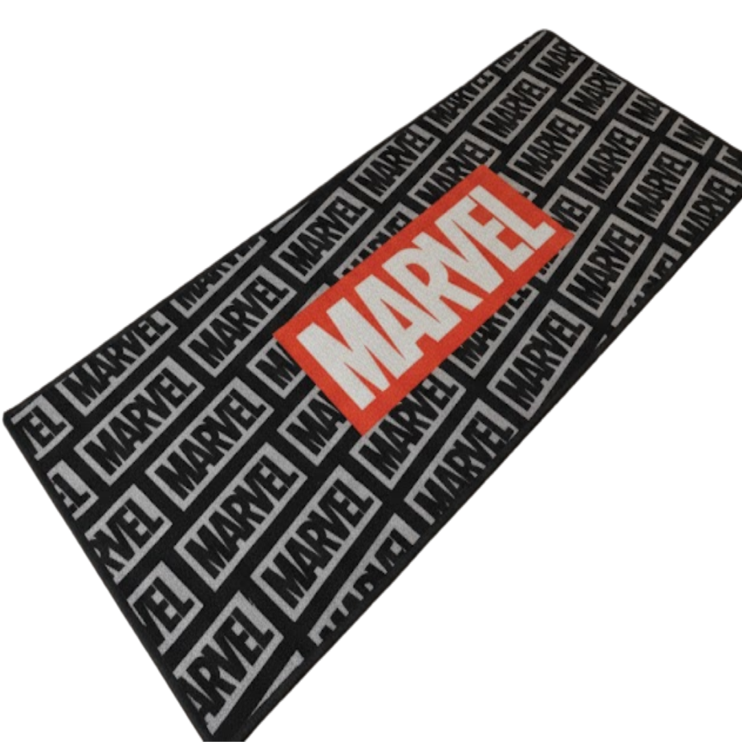 Black Marvel themed kids runner carpet from Athom Living with plush texture, striking superhero designs, and anti-slip support, ideal for kids’ bedrooms or play areas.