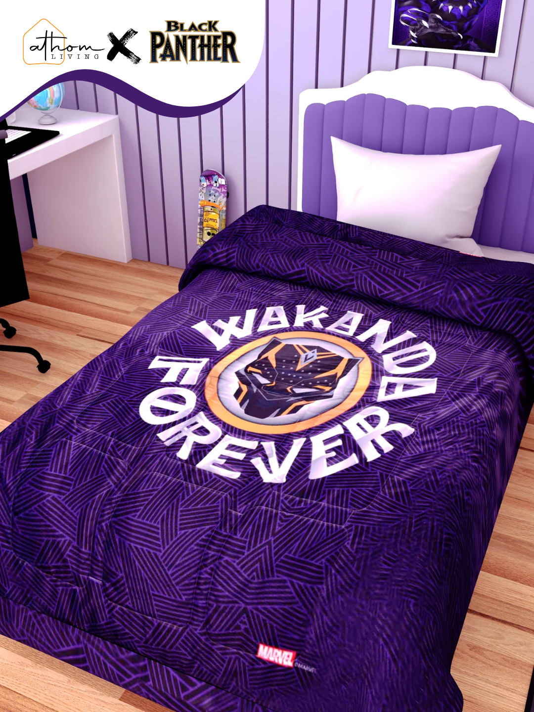 Black Panther Marvel kids comforter single size – Wakanda Forever design by Athom Living, soft, cozy, and perfect for kids’ bedrooms and superhero fans.