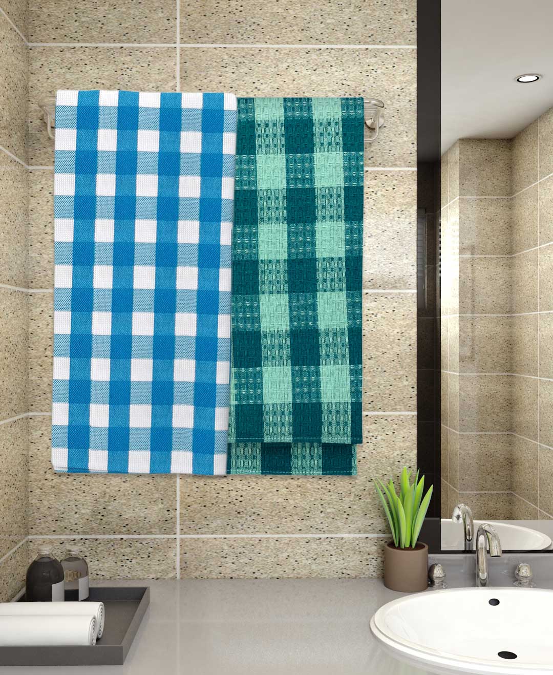 Blue and green cotton bath towels pack of 2 