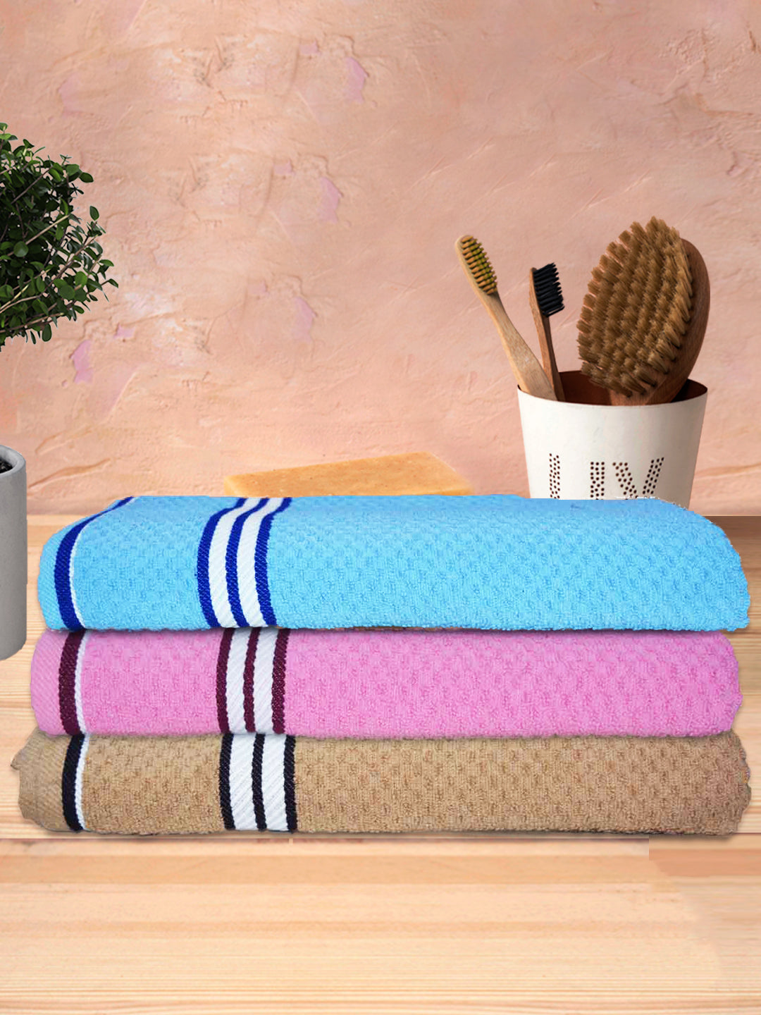 Blue pink brown cotton bath towels
