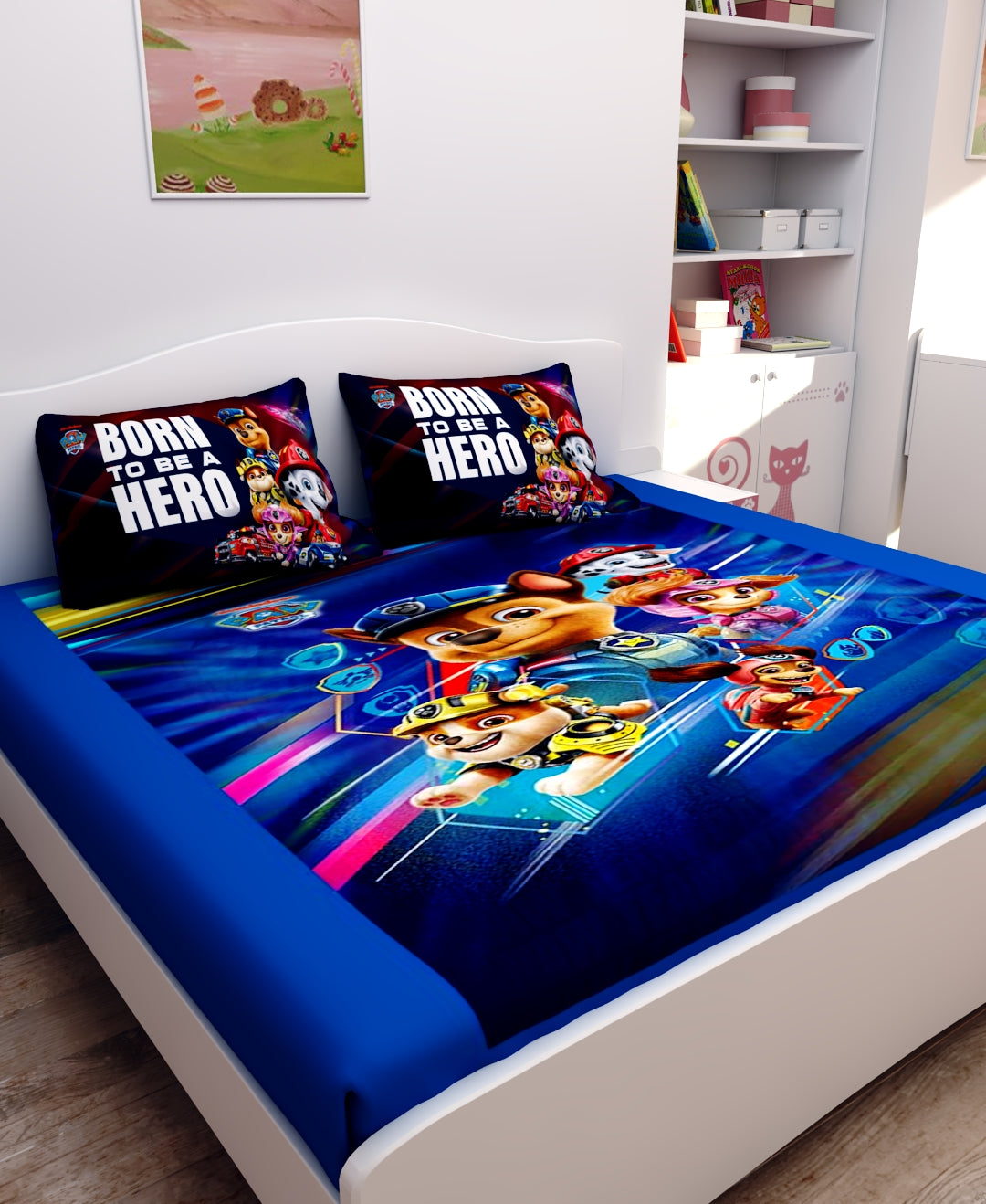 Born To Be A Hero Paw Patrol kids Cotton Double Bedsheet Set featuring bright cartoon prints, soft breathable cotton fabric, and matching pillow covers designed to create a cheerful and cozy bedroom setup for children.