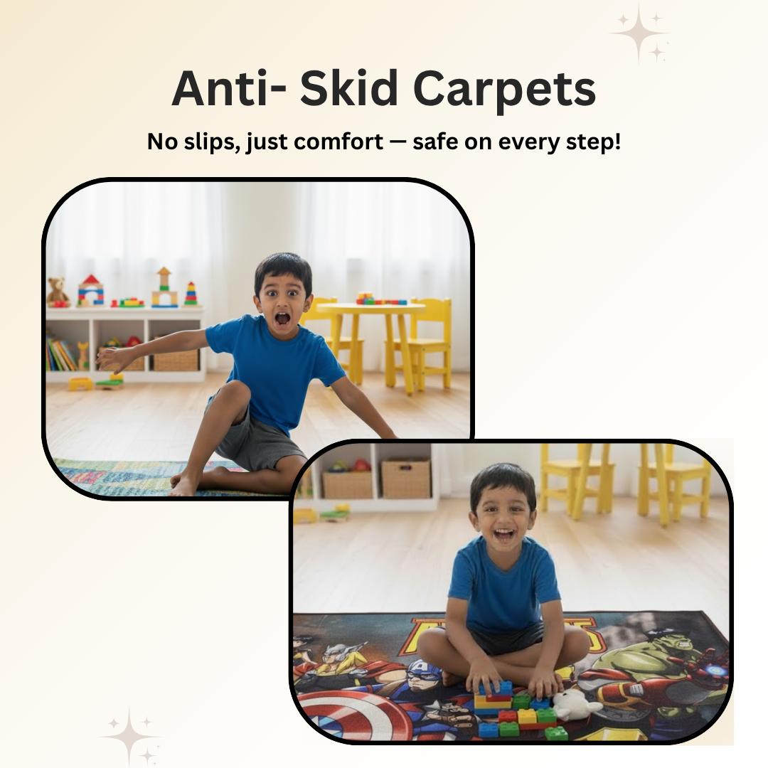 Bright Avengers kids runner carpet with superhero graphics, crafted for safety and comfort, adding a playful and adventurous touch to any child’s bedroom or playroom setting.