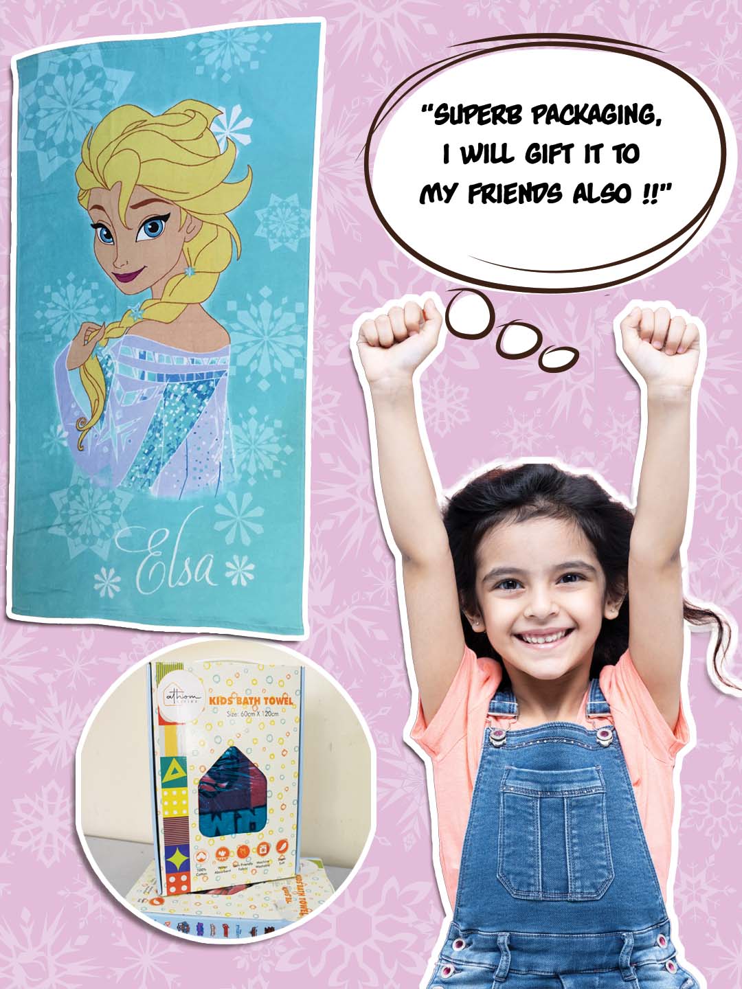 Bright Disney Elsa Frozen kids bath towel in 100% cotton, 350 GSM, 60x120 cm – highly absorbent and skin-friendly for children.