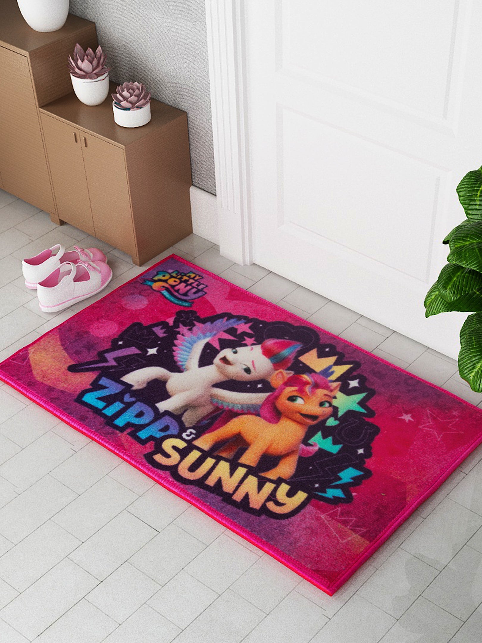 Bright My Little Pony kids doormat – premium quality, colorful design for kids’ room décor, durable nylon with anti-slip latex backing.