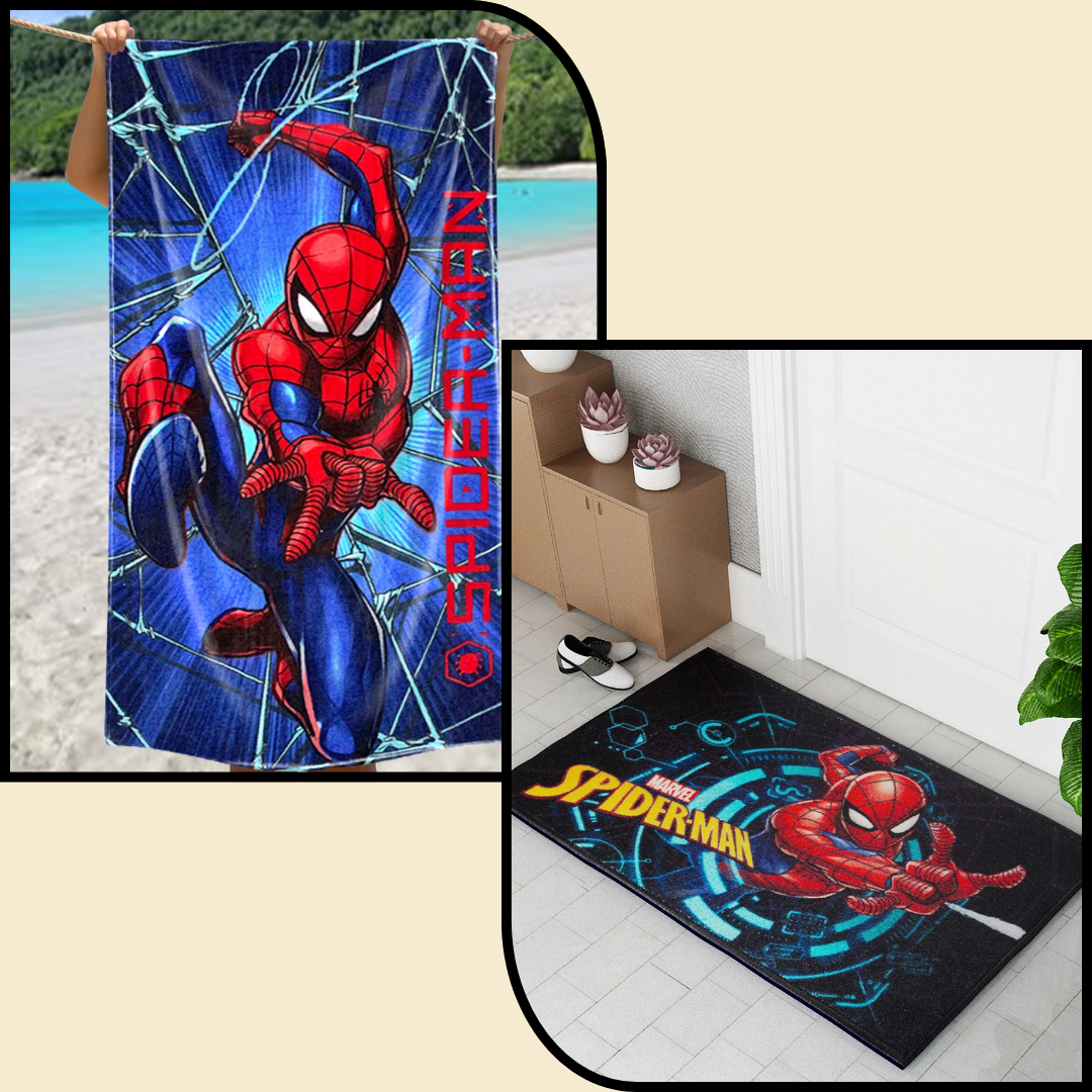 Bright SpiderMan kids bath towel and kids doormat combo from Athom Living, perfect for kids’ rooms, featuring vibrant colors and fun design, ideal for bath and entryway use.