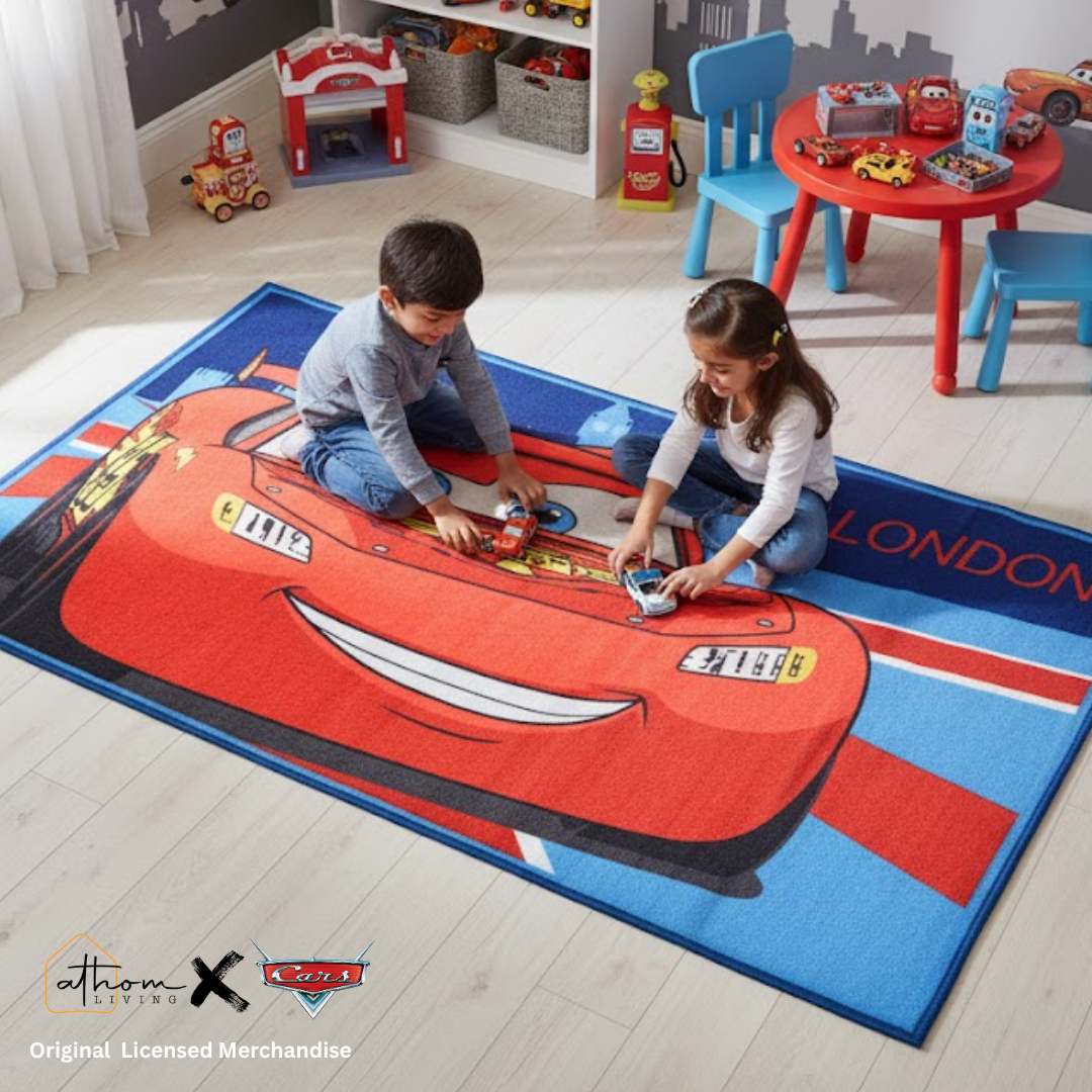 Bright and cheerful Disney Cars carpet by Athom Living, featuring popular characters, designed for kids’ bedrooms, 90x150cm size, soft and durable for endless play and comfort.