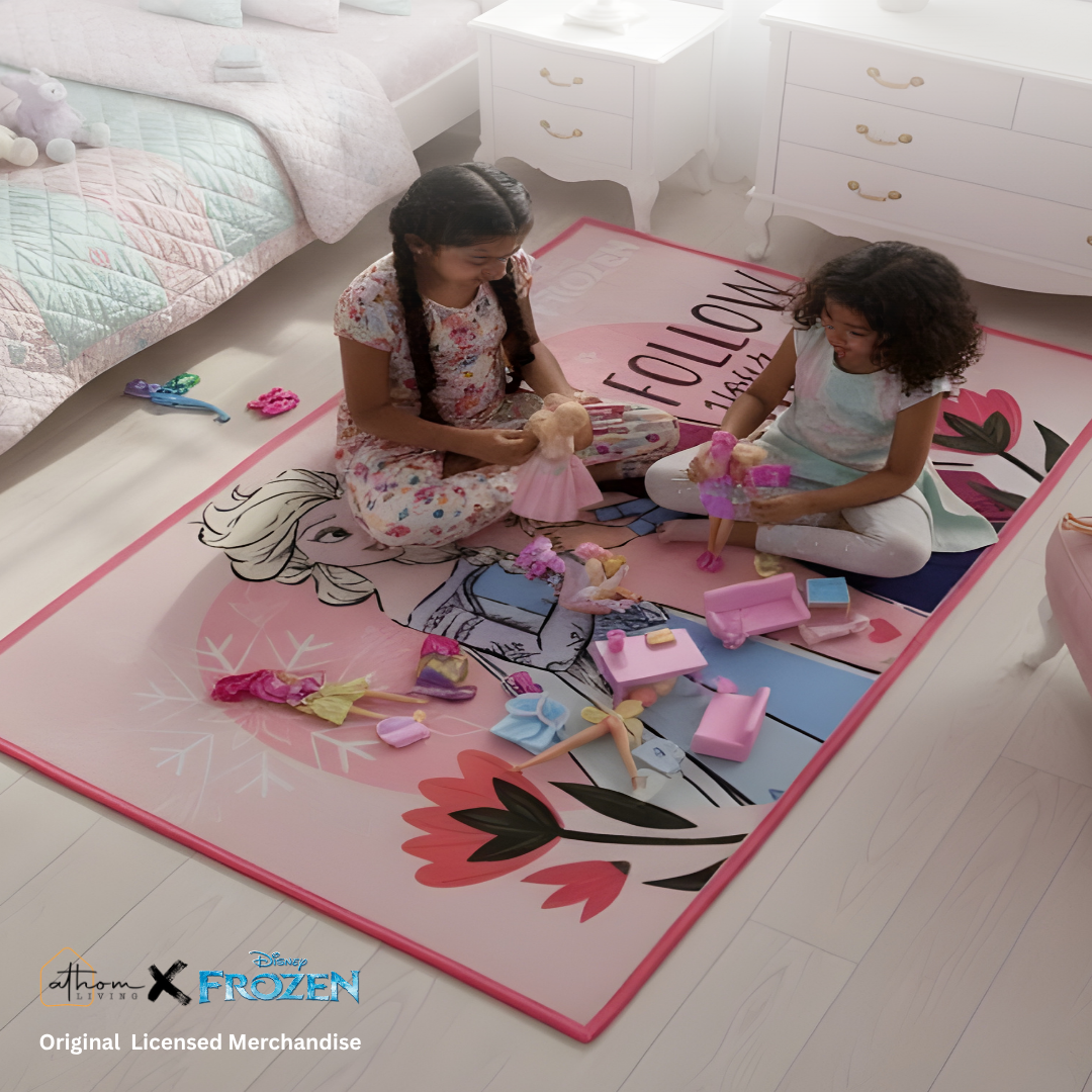Bright and cheerful Disney Frozen Sisters carpet for kids by Athom Living, featuring Elsa and Anna, designed to add fun and comfort to playrooms, perfect 90x150cm carpet for little fans.
