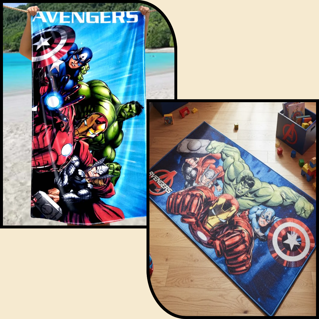 Bright and colorful Avengers-themed kids bath towel and kids carpet combo, perfect for toddlers and children’s bedrooms, adding fun, comfort, and style to your home décor by Athom Living.