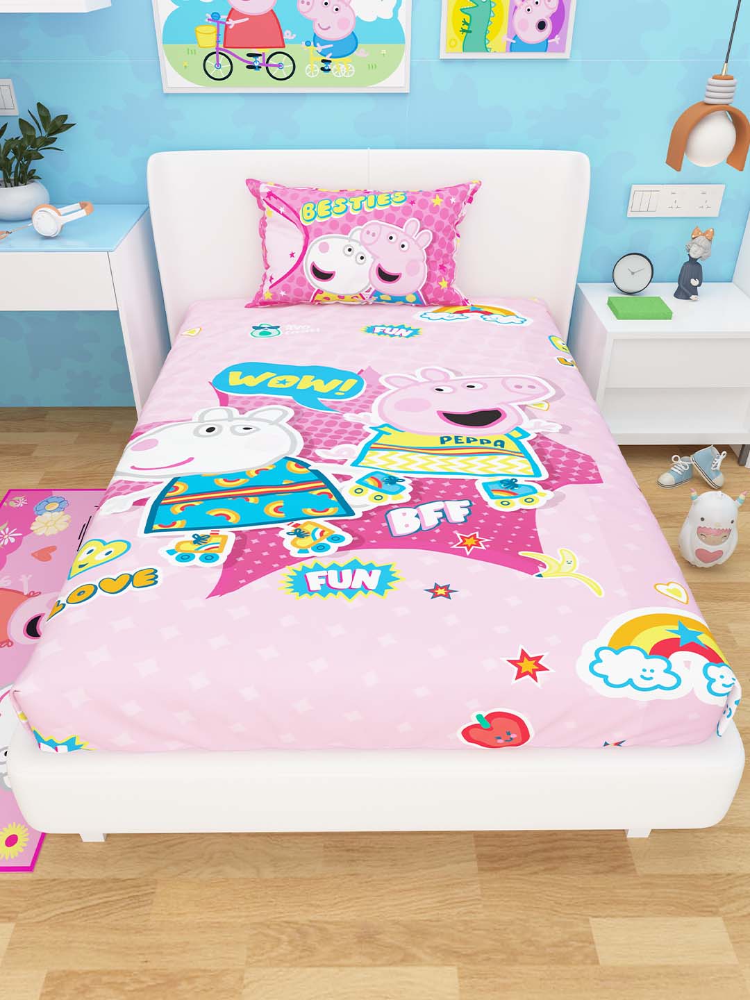 Bright and colorful Besties Peppa Pig cotton kids single bedsheet with 1 pillow cover by Athom Living, perfect for adding fun and comfort to your child’s bedroom décor.