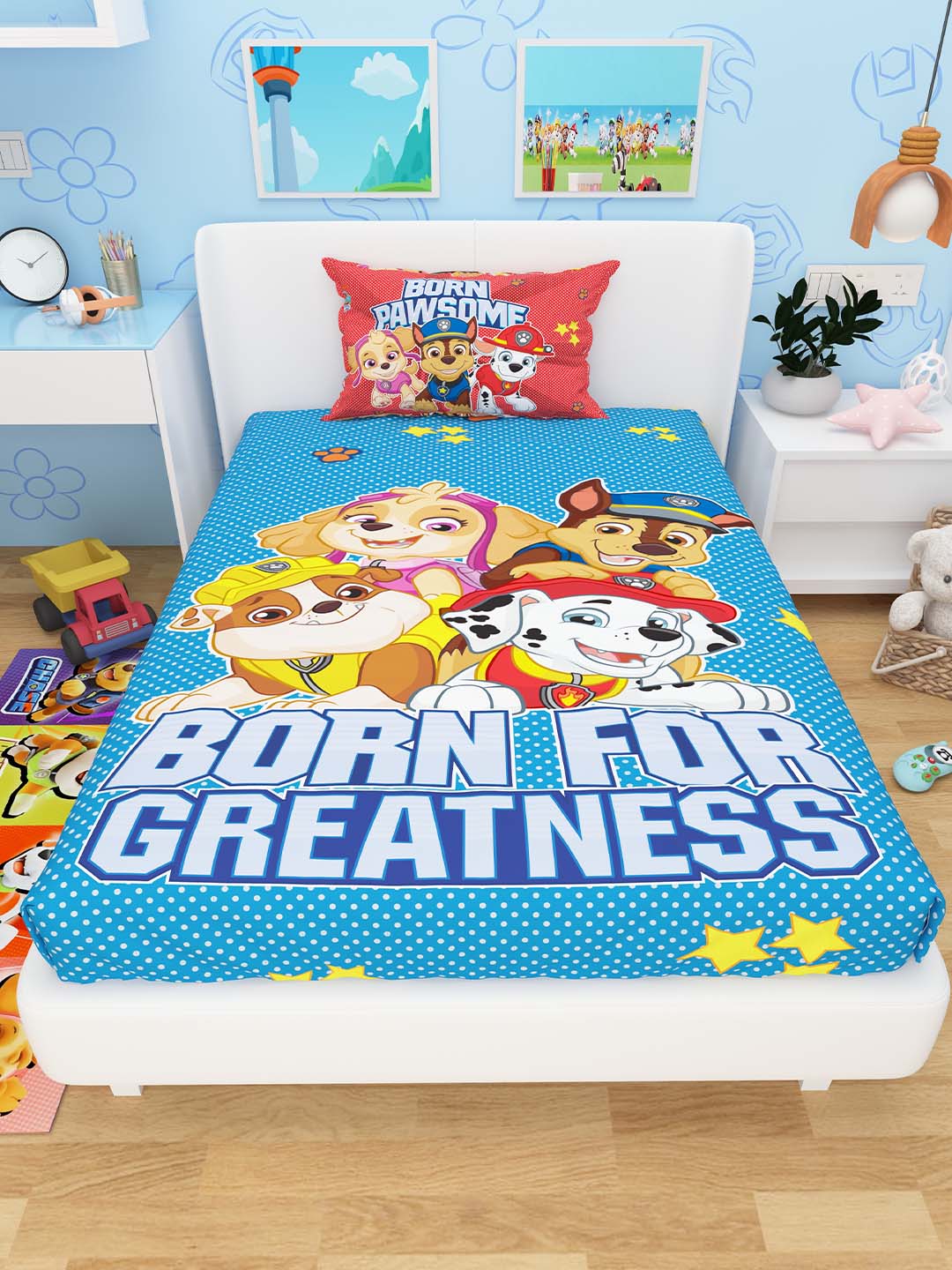 Bright and colorful Born For Greatness Paw Patrol kids single bedsheet with 1 pillow cover and runner carpet, made of soft cotton for comfortable sleep and playful bedroom décor by Athom Living.