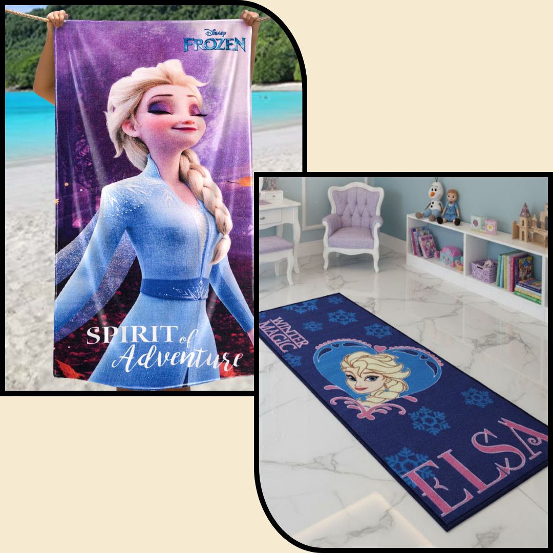 Bright and colorful Disney Frozen Elsa kids bath towel and kids runner carpet combo by Athom Living, perfect for kids’ bathroom and bedroom decor, soft and comfortable for daily use.