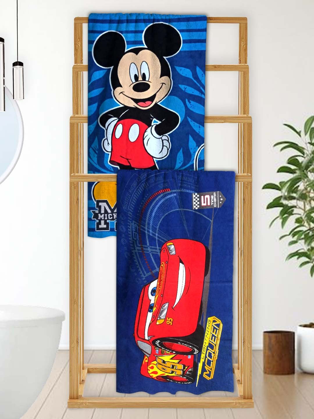 Bright and colorful Disney "Mickey Mouse" & "Disney Cars" Kids Cotton Bath Towel combo-pack of 2 by Athom Living, perfect for bath time fun and gentle on your child’s skin.