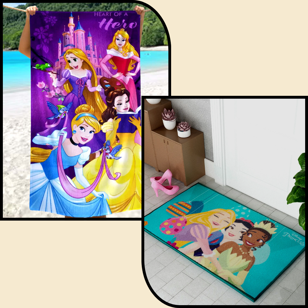 Bright and colorful Disney Princess kids bath towel and kids doormat combo pack by Athom Living, perfect for adding fun and comfort to your child’s bathroom or bedroom decor.
