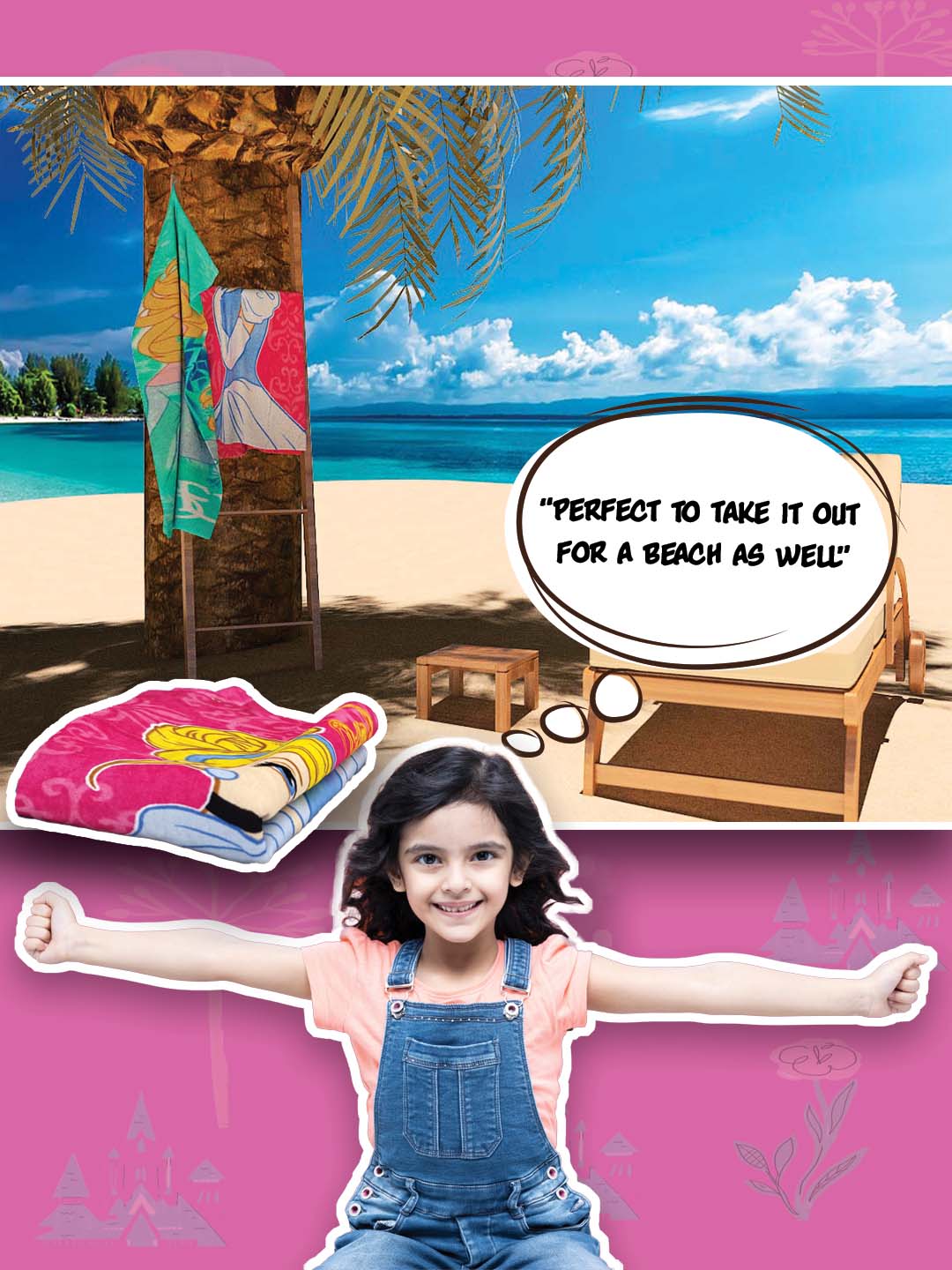 Bright and colorful Disney Princess kids cotton bath towel by Athom Living in 350 GSM quality, 60x120 cm size, offering premium comfort, quick drying, and perfect for home, pool, or travel use.