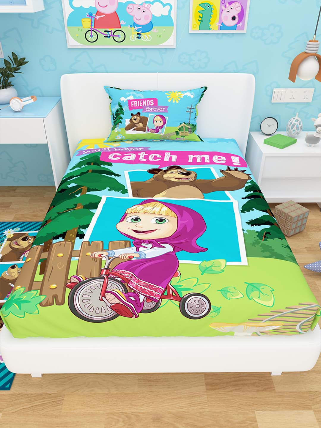 Bright and colorful Friends Forever Masha and The Bear kids single bedsheet with 1 pillow cover and runner carpet by Athom Living, perfect for a cozy and playful kids’ bedroom.