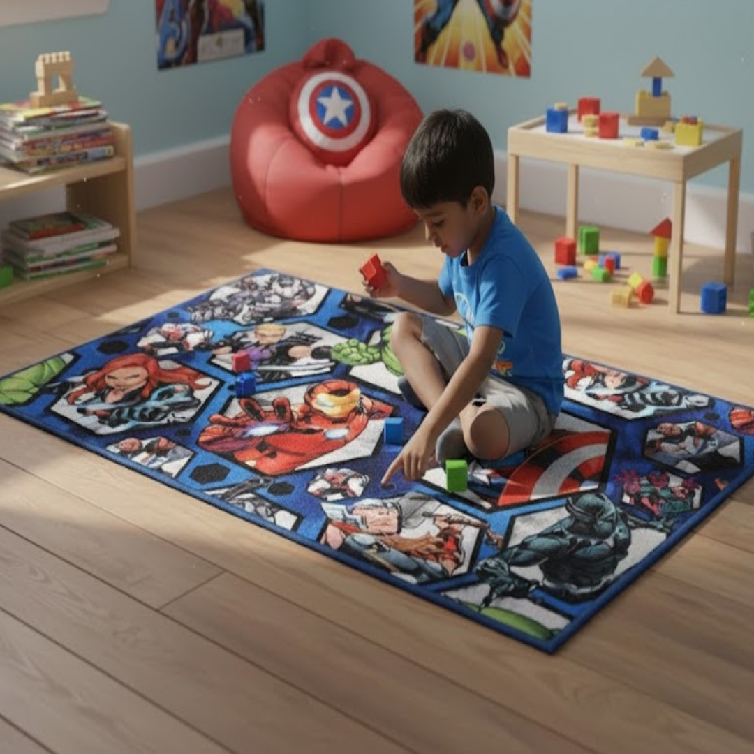 Bright and colorful Marvel Avengers & Hulk themed carpet by Athom Living, 90x150cm, featuring popular superheroes, ideal for kids’ rooms, creating a fun and imaginative play area.
