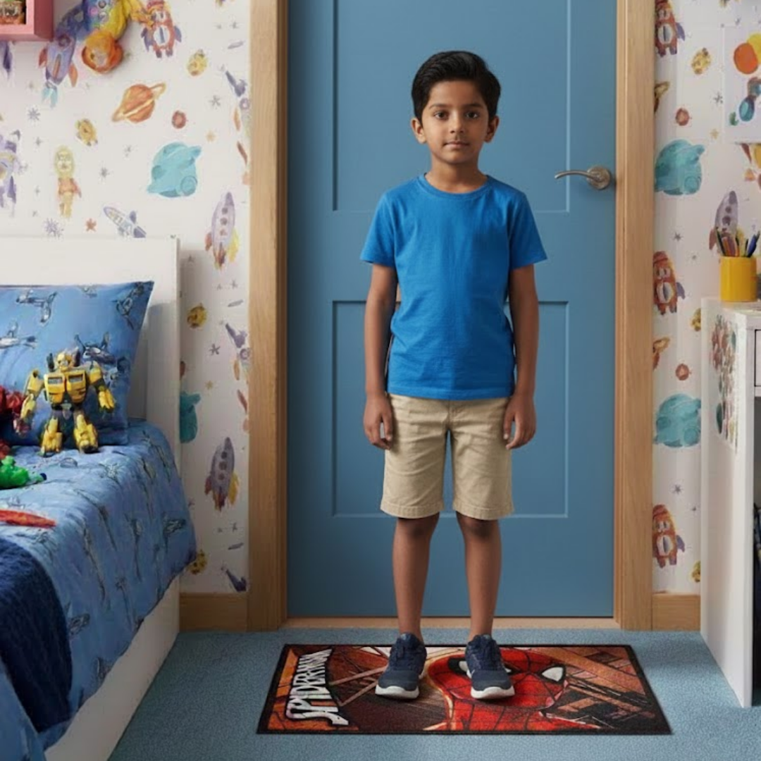 Bright and colorful Marvel Spiderman anti skid carpet & doormat combo set by Athom Living, providing a safe, non-slip surface for kids while enhancing their bedroom decor with superheroes.